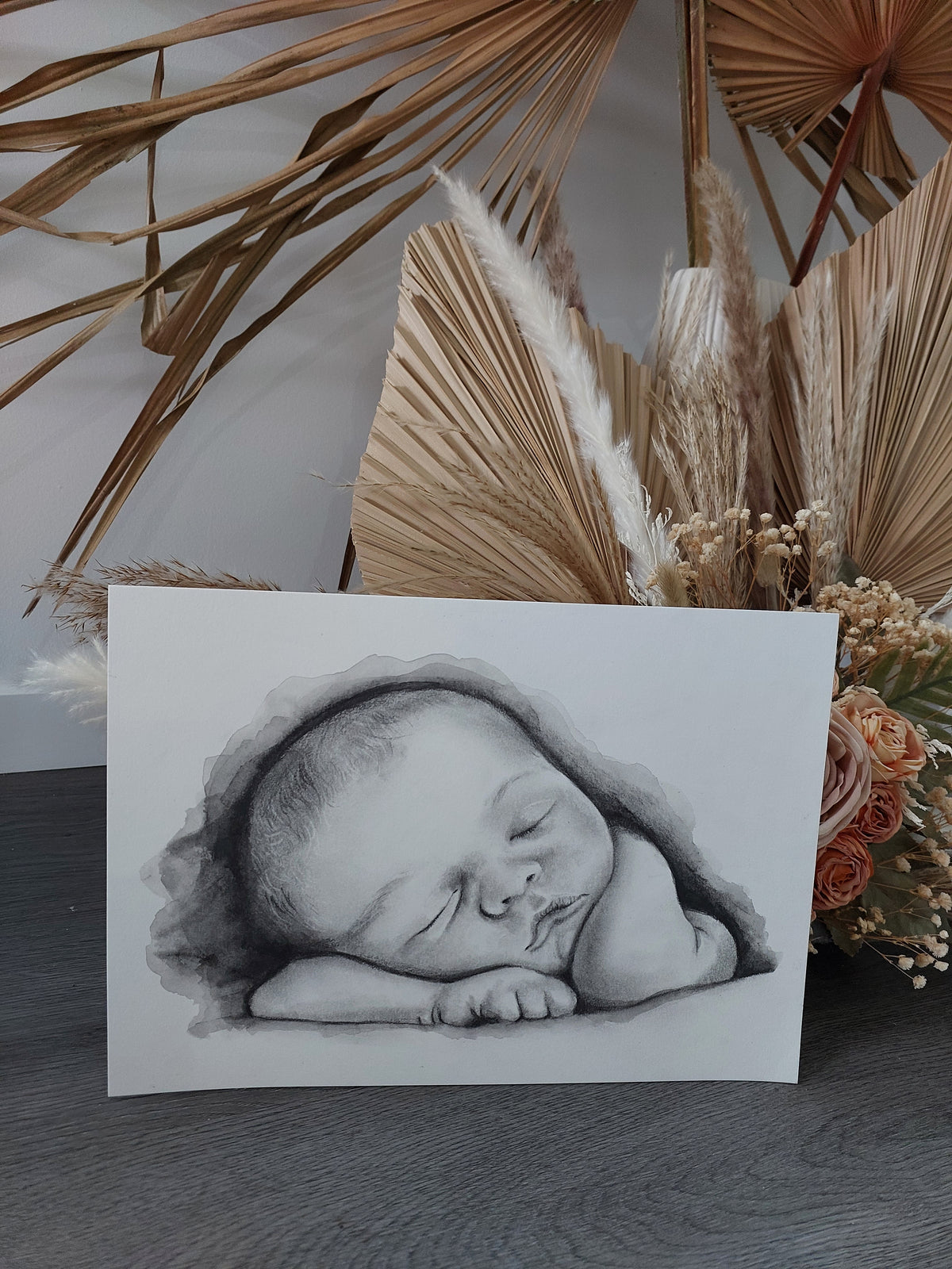 Custom keepsake Artwork B&W Portrait Sketch with watercolour on paper