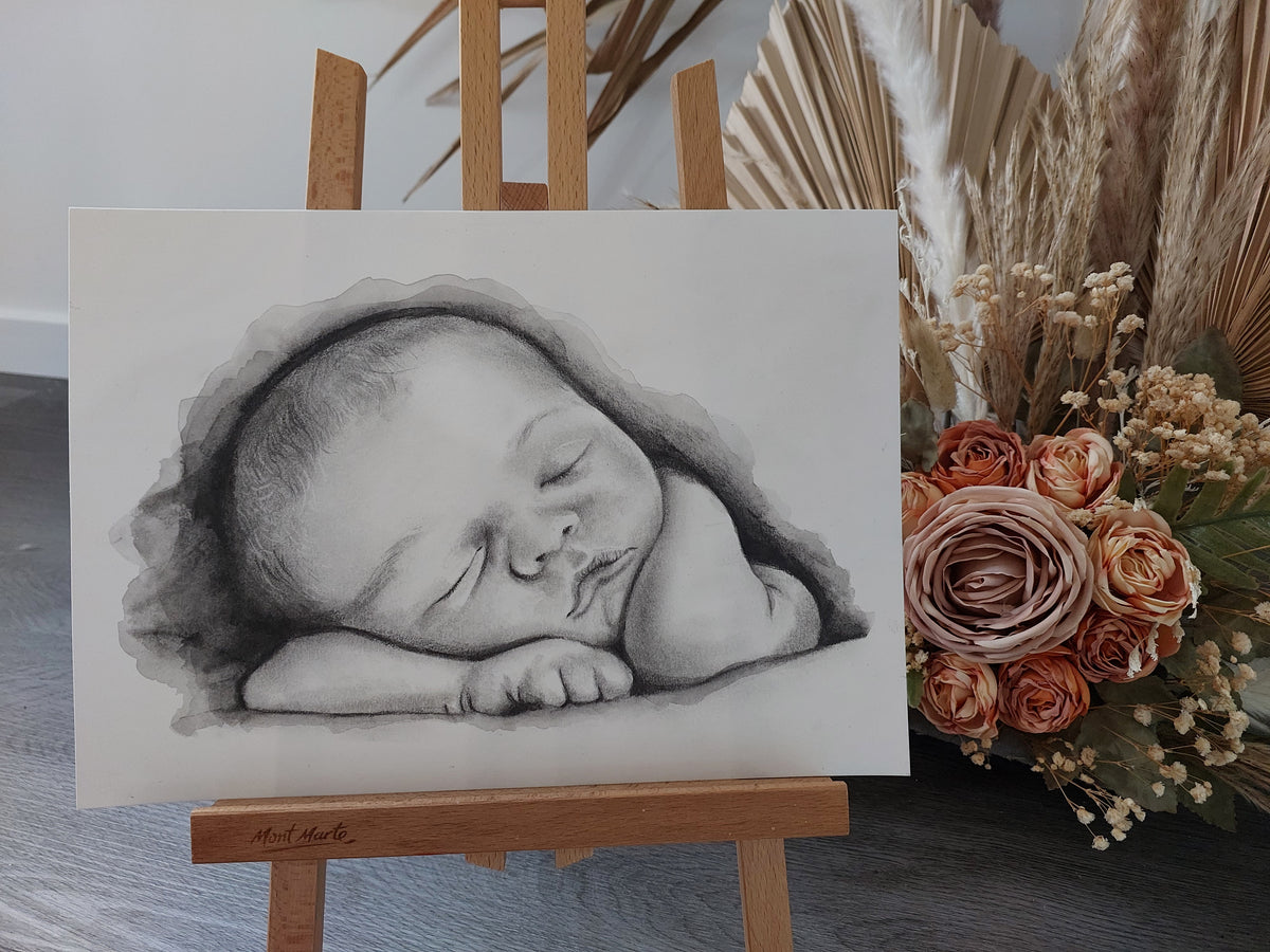 Custom keepsake Artwork B&W Portrait Sketch with watercolour on paper