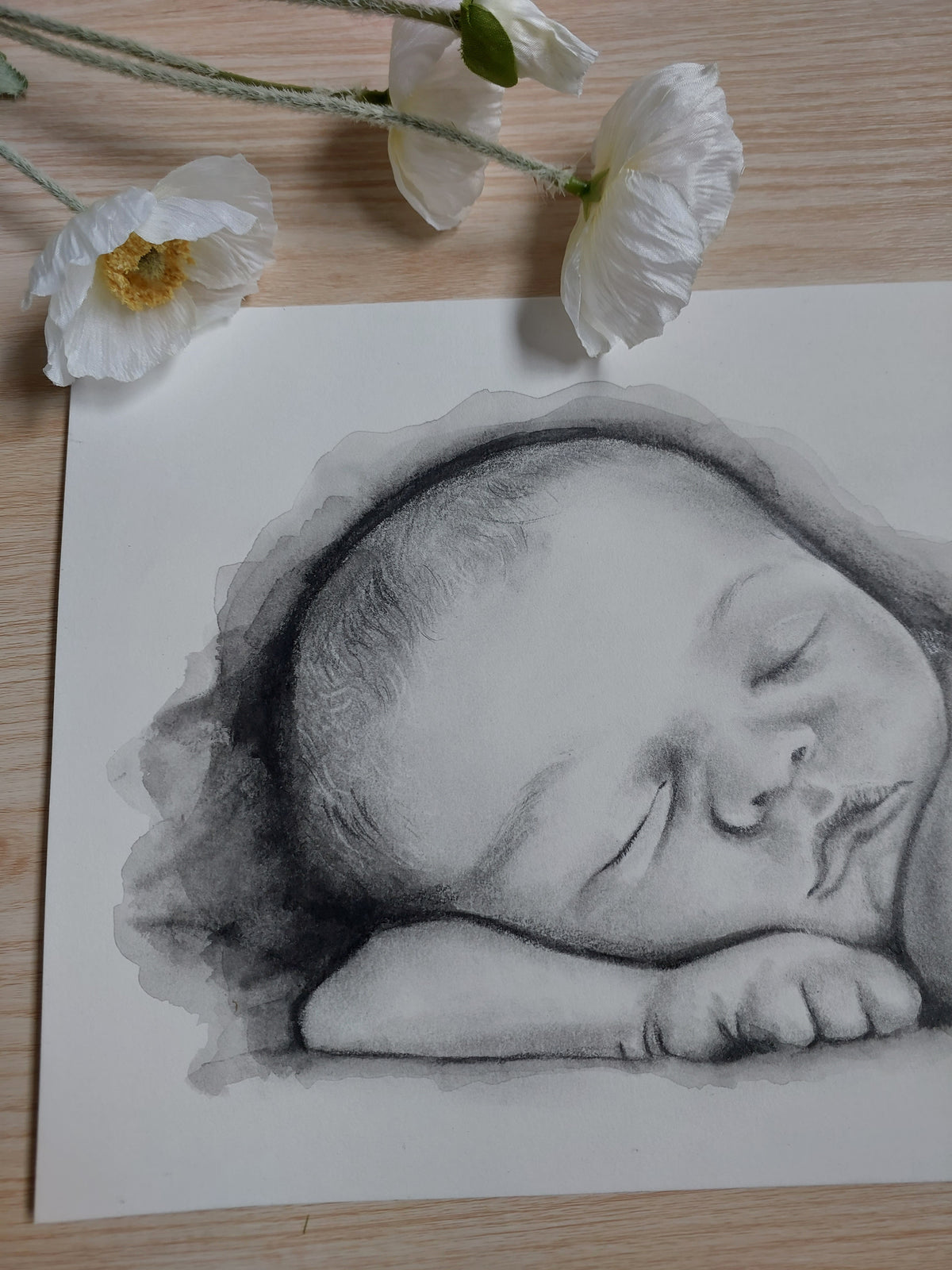Custom keepsake Artwork B&W Portrait Sketch with watercolour on paper