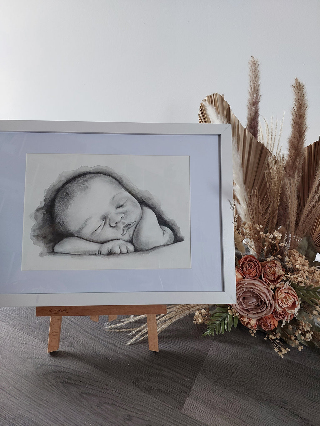 Custom keepsake Artwork B&W Portrait Sketch with watercolour on paper