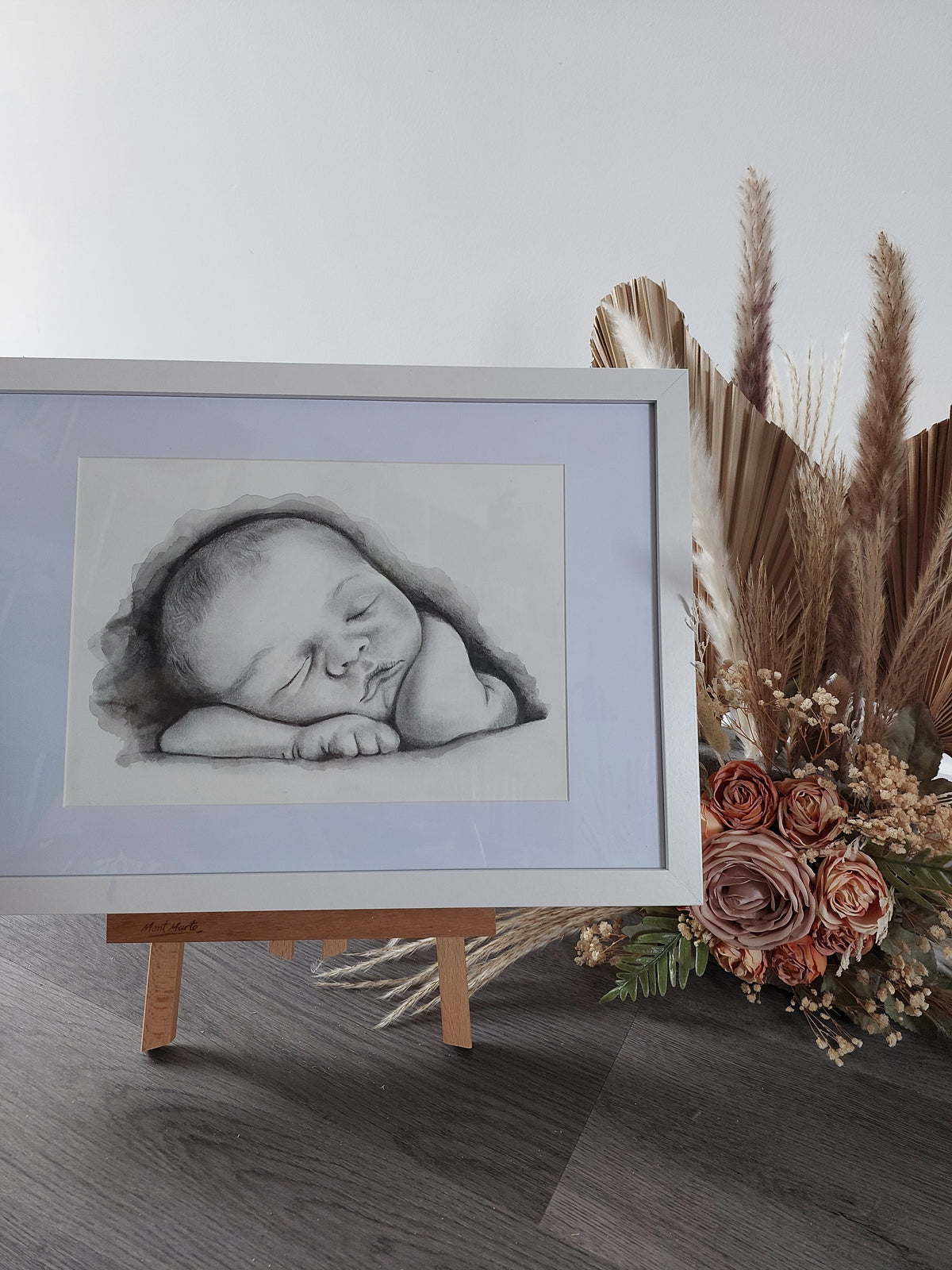 Custom keepsake Artwork B&W Portrait Sketch with watercolour on paper