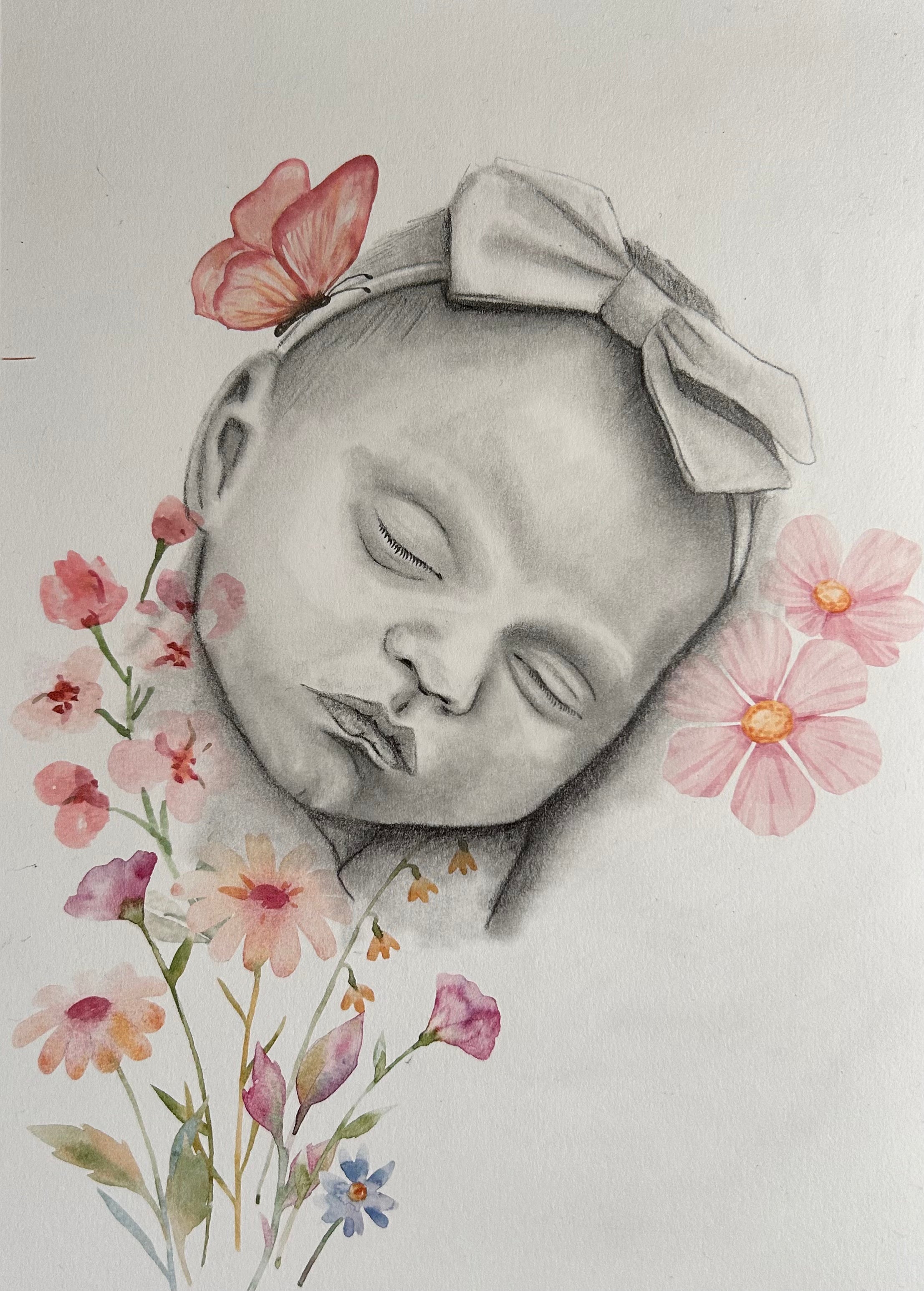 Custom Portrait Sketch of Baby/Child with floral/whimsical elements
