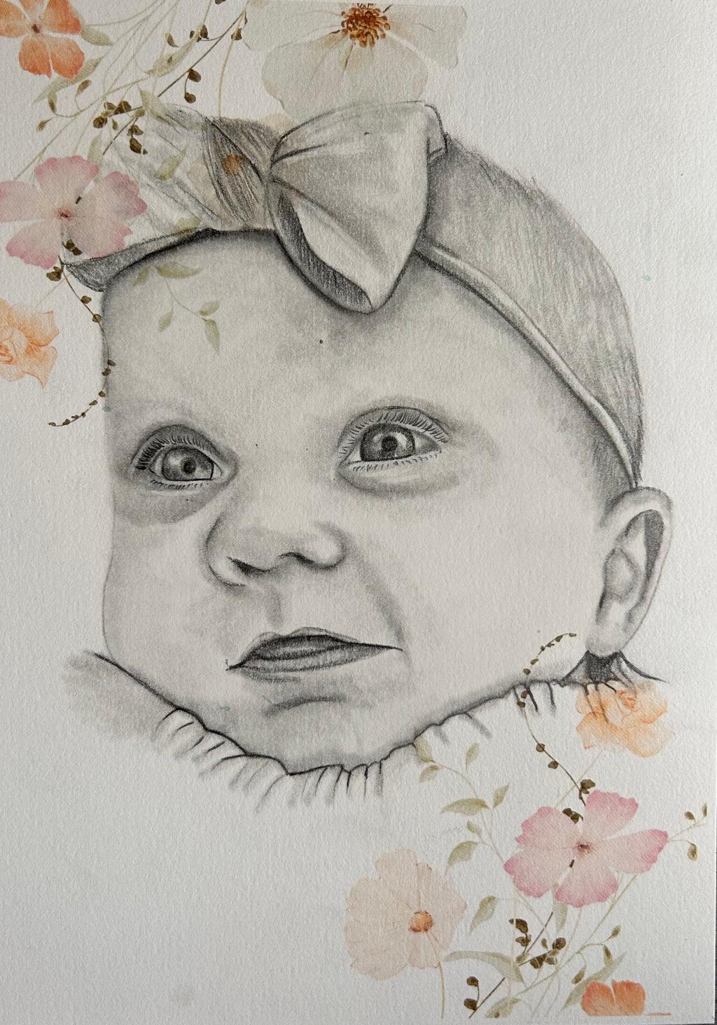 Custom Portrait Sketch of Baby/Child with floral/whimsical elements