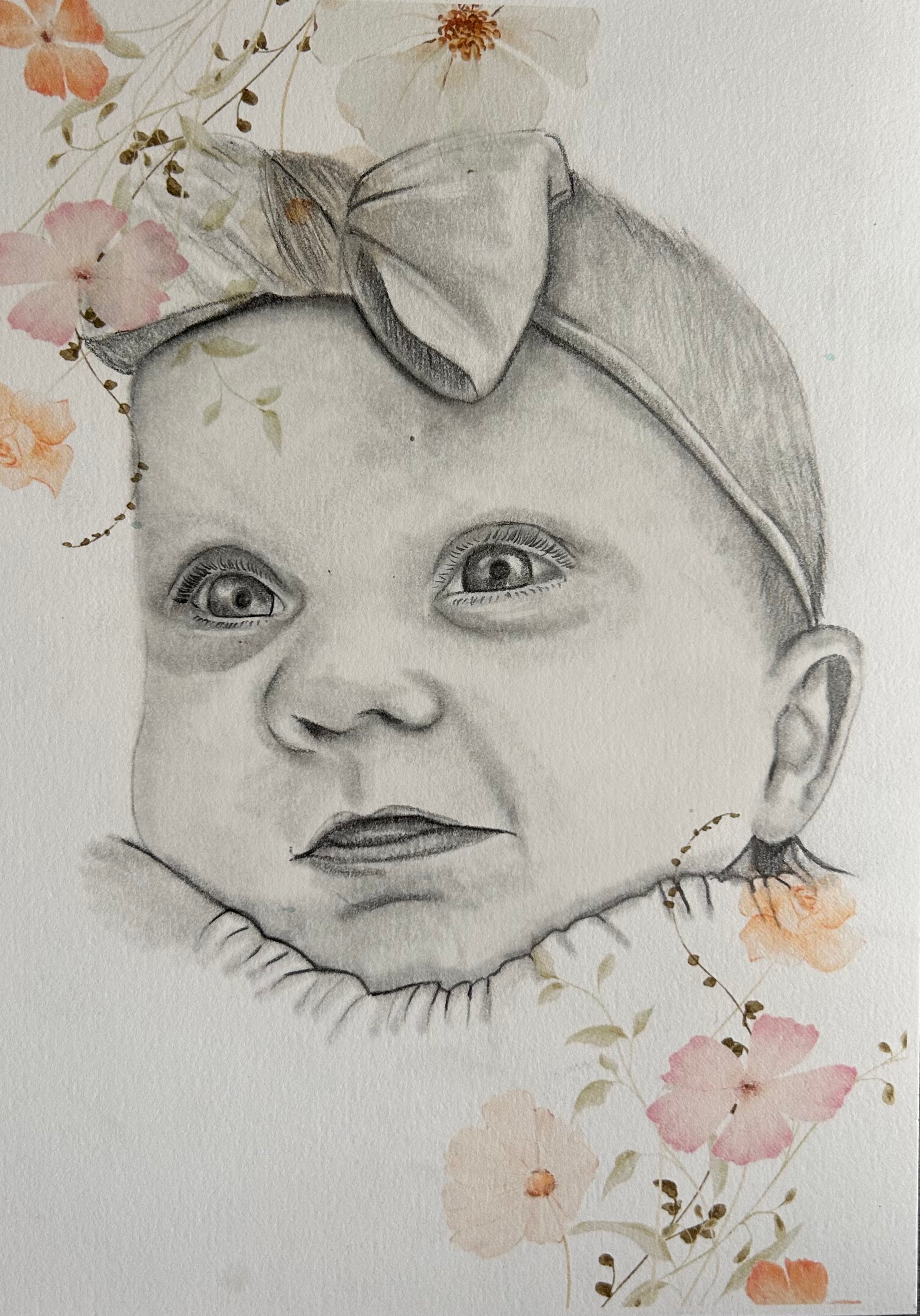 Custom Portrait Sketch of Baby/Child with floral/whimsical elements
