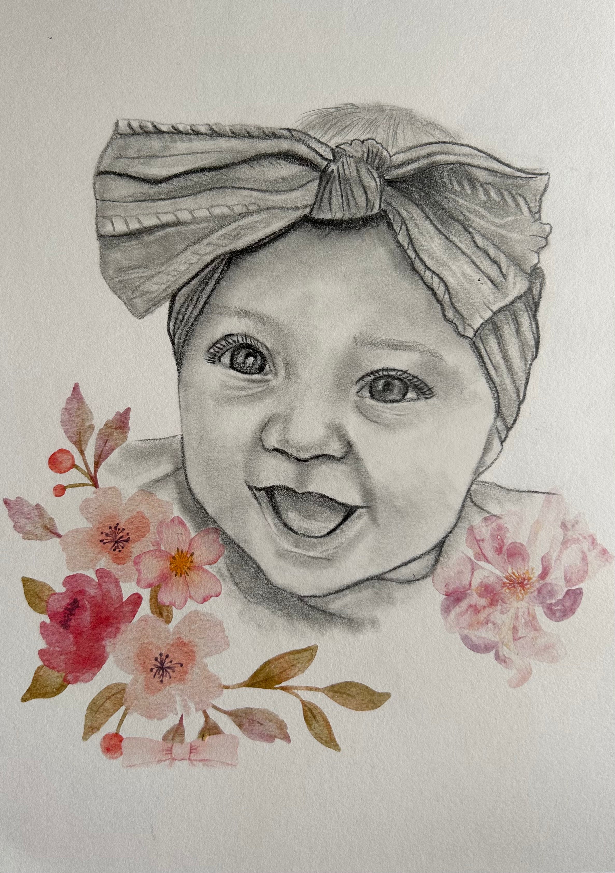 Custom Portrait Sketch of Baby/Child with floral/whimsical elements
