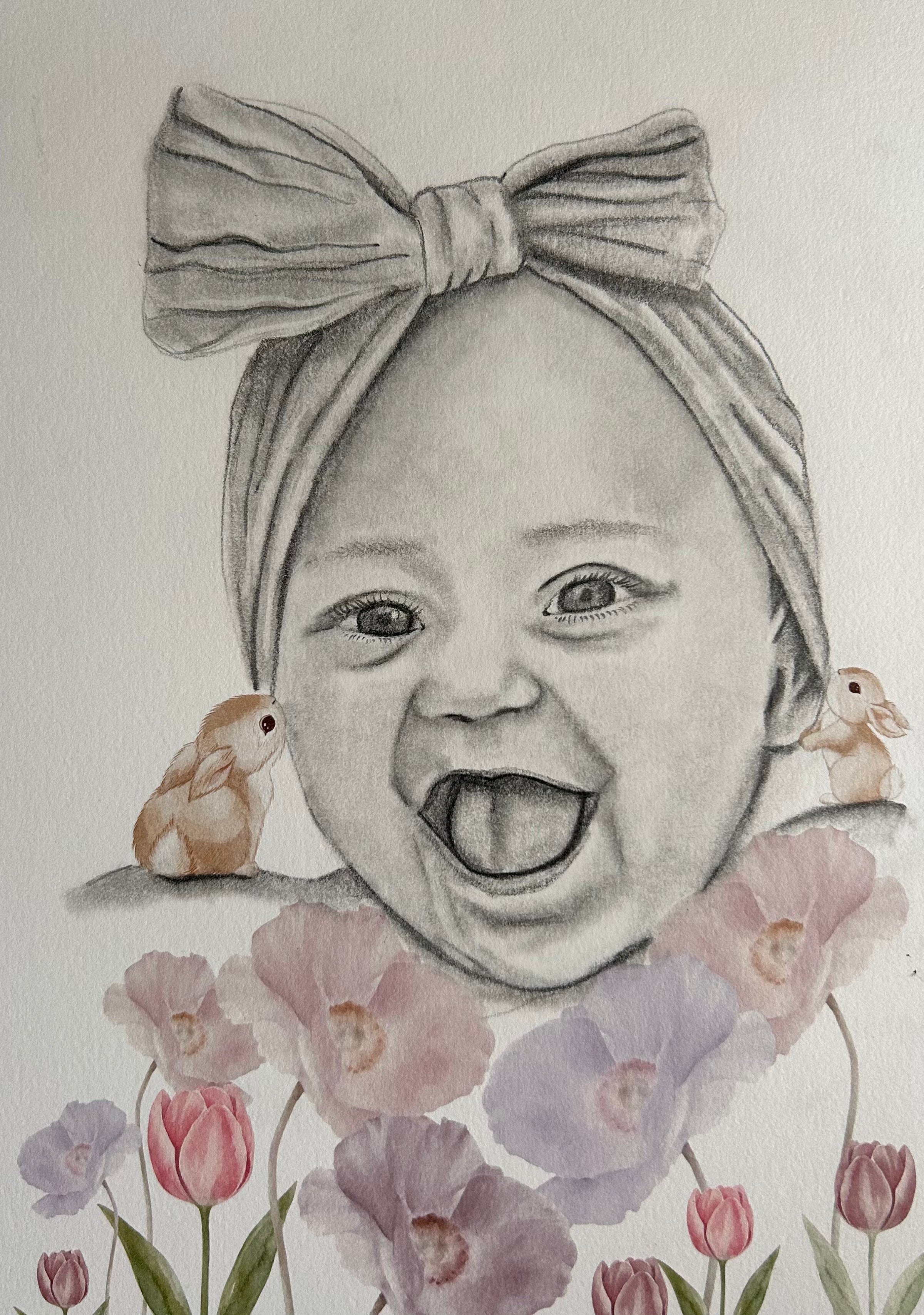 Custom Portrait Sketch of Baby/Child with floral/whimsical elements