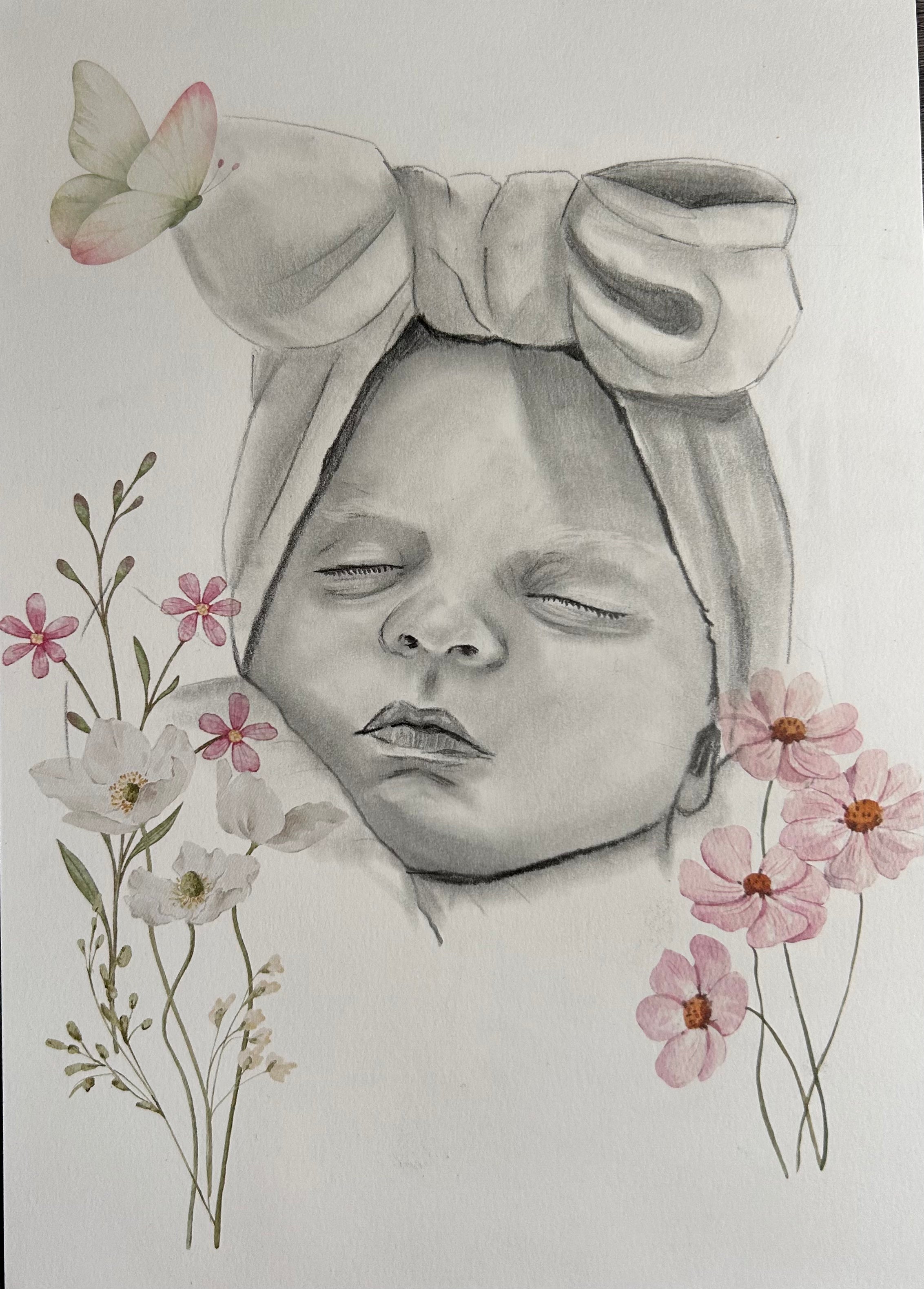 Custom Portrait Sketch of Baby/Child with floral/whimsical elements