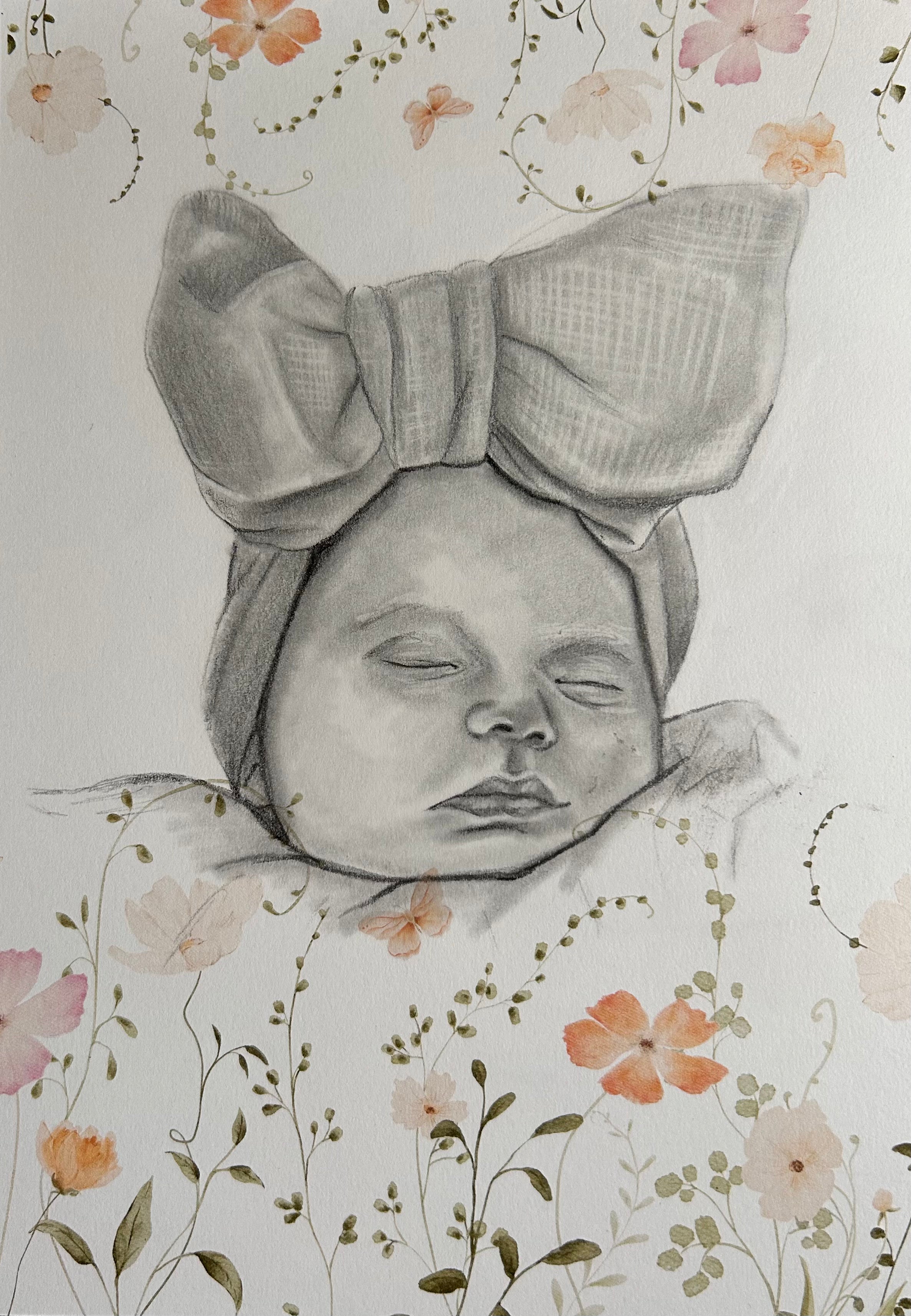 Custom Portrait Sketch of Baby/Child with floral/whimsical elements