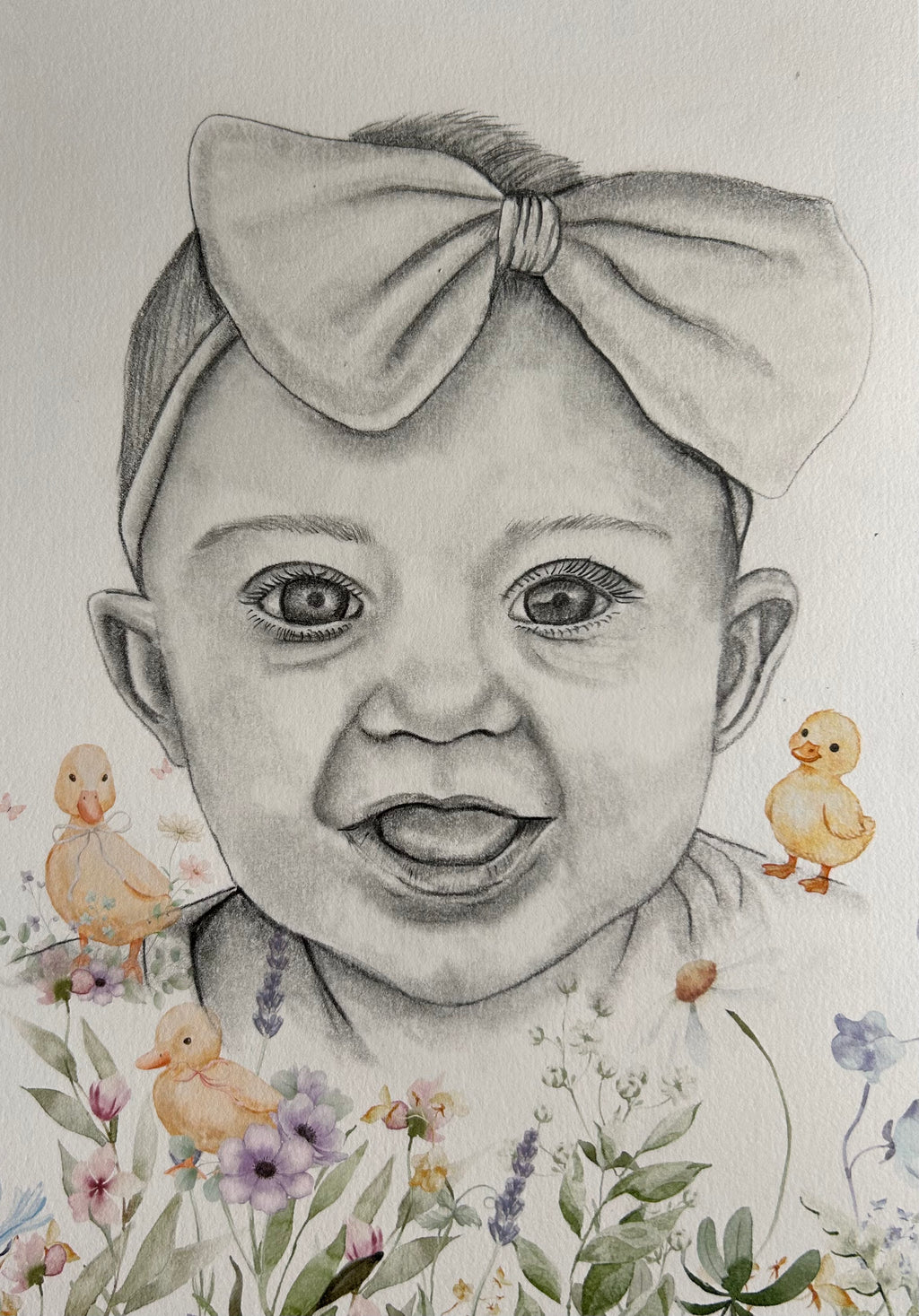 Custom Portrait Sketch of Baby/Child with floral/whimsical elements