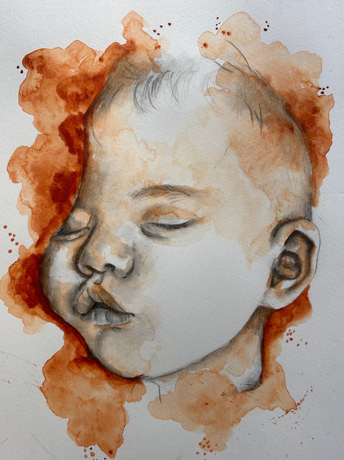 Custom keepsake Artwork B&W Portrait Sketch with watercolour on paper