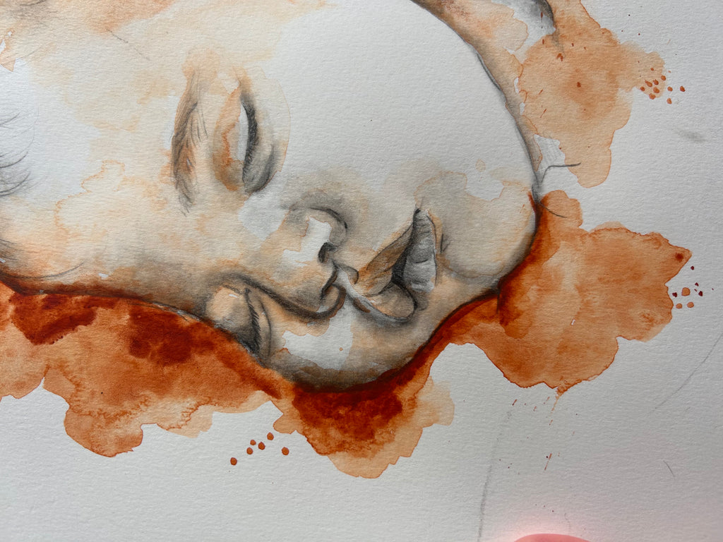 Custom keepsake Artwork B&W Portrait Sketch with watercolour on paper